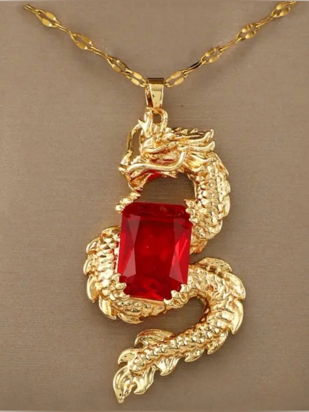 Elegant Gold Dragon Red Gemstone Necklace.